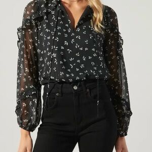 Sugarlips Black and White with Sheer Sleeves Floral Blouse